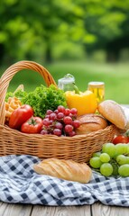Fresh Harvest Basket with Colorful Fruits, Vegetables, and Baked Goods on a Wooden Table Outdoors
