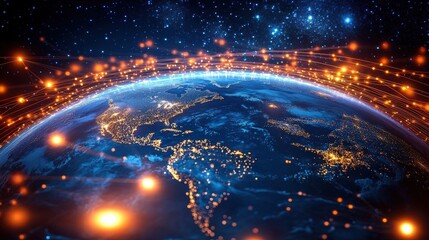 Stunning Digital Globe Concept Showing the Earth Lit Up from Space with Starry Background and Bright Connecting Lines Representing Data Flow