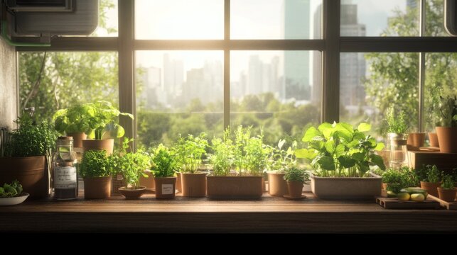 Fototapeta Sunlit windowsill with various potted herbs and plants, city view background.