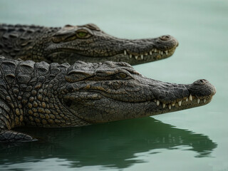 Obraz premium Two crocodiles rest in the water, their heads and snouts visible above the surface. The closest crocodile is in focus, showing its scaly skin and sharp teeth.