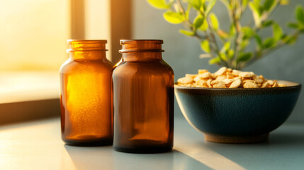 Glass Apothecary Jars with Herbal Ingredients and Decorative Plant in Warm Natural Light