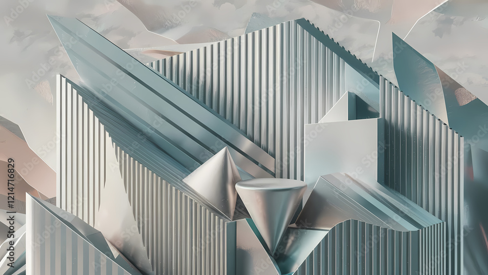 Poster 3d render showcasing an abstract geometric pattern design features soft dusty gray, blue, silver, an