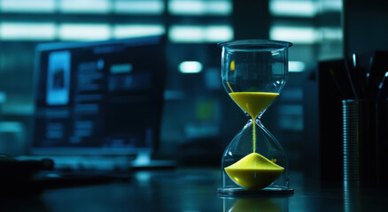 A finely crafted hourglass filled with vibrant yellow sand rests on a sleek desk. The backdrop features a dimly lit workspace with digital screens, emphasizing the passing of time.
