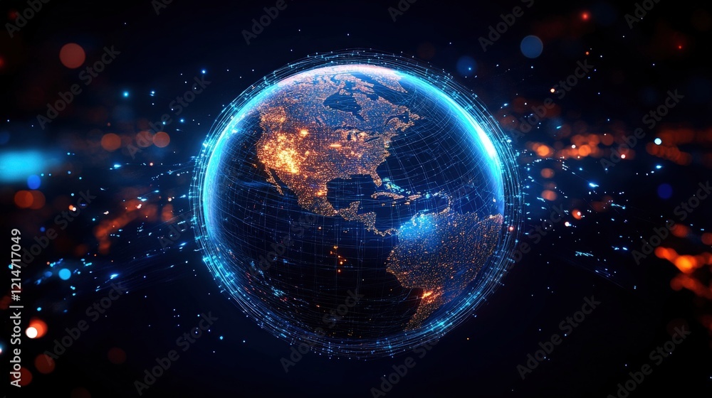 Poster digital representation of earth showcasing illuminated cities and global connectivity, against a dar