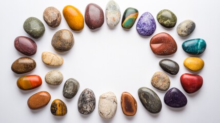 An assortment of colorful polished stones arranged in a circular pattern. Each stone showcases unique colors and textures. Perfect for nature and craft projects. Generative AI