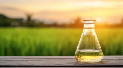 A glass flask containing a yellow liquid sits on a wooden table against a blurred background of lush greenery and a sunset glow, Ideal for science, nature, or environmental themes in marketing,