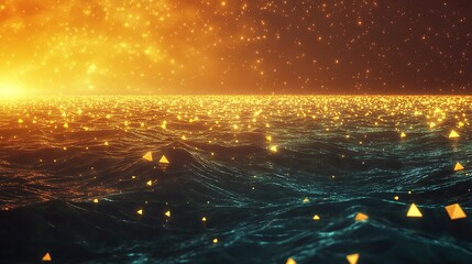 A cosmic ocean with glowing triangular waves spreading outward infinitely