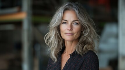 Fototapeta premium A woman with shoulder-length blonde hair gazes thoughtfully, her dark patterned shirt adding elegance against the blurred industrial setting behind her.