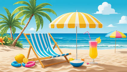 beach chairs and umbrella - flat isolated vector concept depicted summer vacation. Beach surrounded by resort items like palms beach chair cocktail