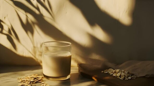 A glass of oat milk sits elegantly on a surface alongside scattered oats, bathed in soft natural light and gentle shadow patterns