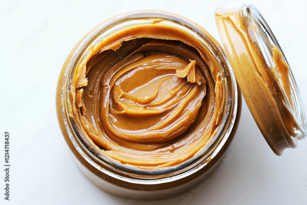Poster close-up view of a jar of perfectly creamy peanut butter with an open lid and smooth surface against