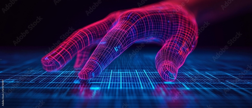 Poster interaction memory designs concept. digital hand interacting with a glowing grid interface.