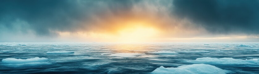 Obraz premium A serene seascape at sunrise, featuring distant icebergs and a dramatic, cloudy sky, This image is ideal for themes of nature, tranquility, climate change, or winter landscapes in various media,