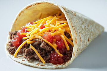 Juicy beef taco with soft tortilla, seasoned beef, and fresh salsa on white background, perfect for food lovers craving a tasty treat