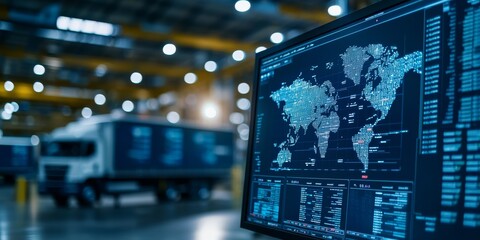 Data monitor and truck logistics concept. Digital map display in a logistics warehouse with trucks in the background.