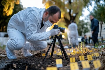 A forensic investigator in protective gear meticulously photographing a crime scene, emphasizing the importance of detailed documentation in criminal investigations.