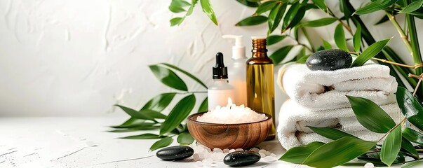 Concept Design for Spa Center and Beauty Salon : massage stones, essential oils and sea salt on white marble background. Treatment items for spa procedures. Copy space for customized addition