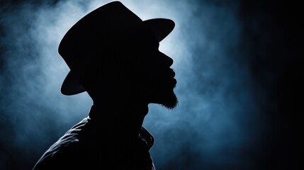 A man’s shadowy figure, defined by his hat, is outlined by a dramatic glow, evoking intrigue against the bright background.