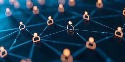 Real time feedback systems concept. Digital network with interconnected user icons on a blue background.