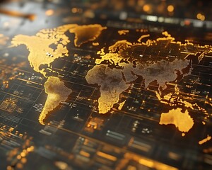 Glowing digital world map on dark tech background.