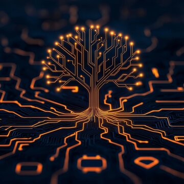 Ethical Ai compliance concept. Digital tree design with circuit patterns and glowing elements.