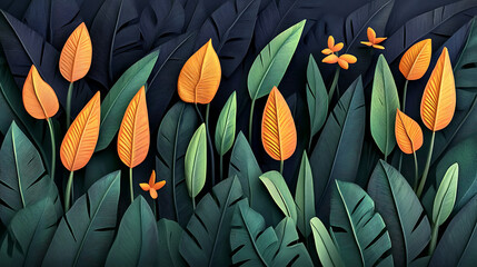 Tropical floral in paper art style and pastel color tropical green leaf paper cut concept design