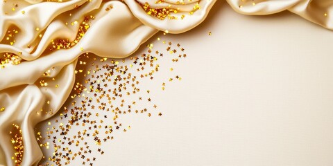 Obraz premium Valentine's day background sparkle minimal. Elegant gold fabric with sparkling glitter accents on a light background.