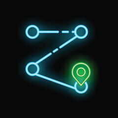 Neon sign showing a route with a pin location icon on a brick wall background