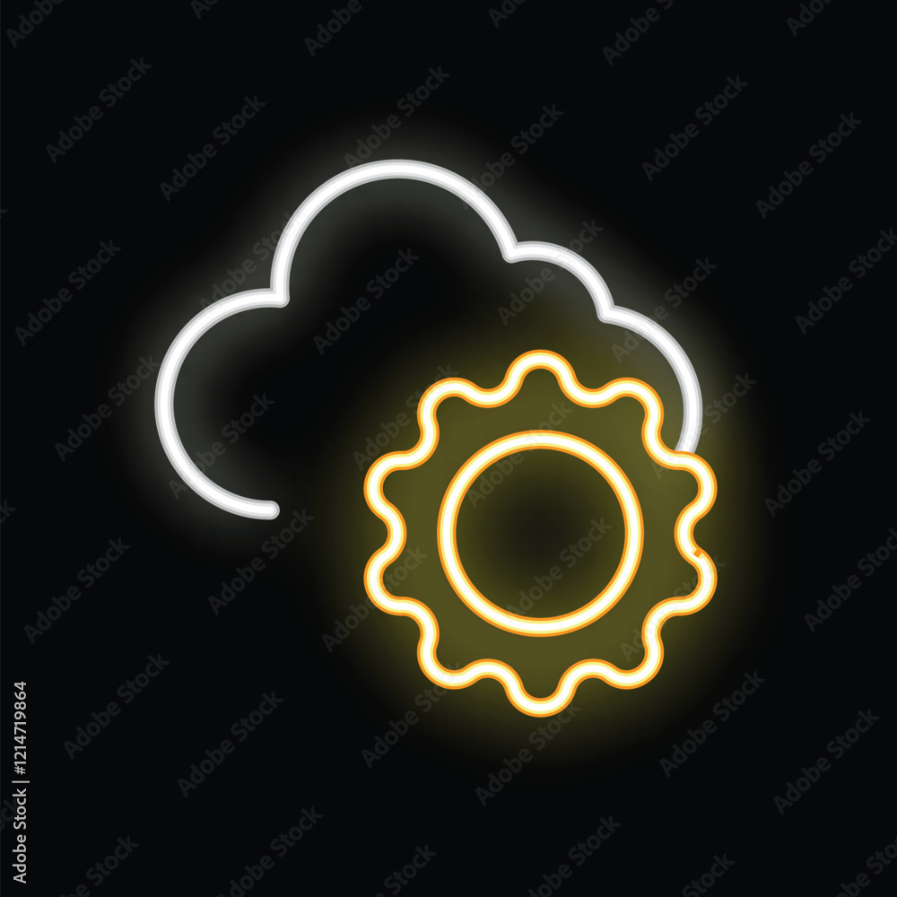 Poster neon sign depicting a cloud with a gear, symbolizing cloud computing configuration