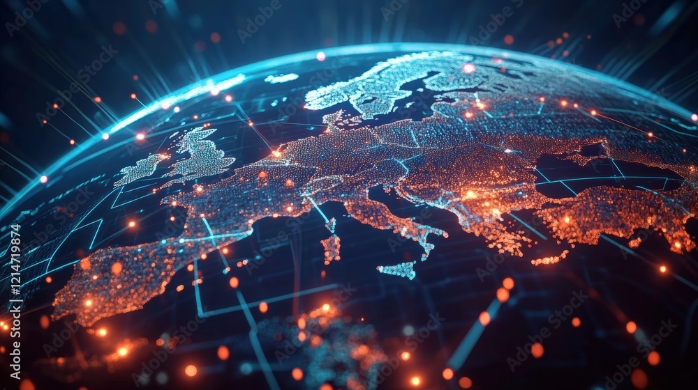 Poster digital globe visualization featuring europe and connected network elements with vivid colors and mo