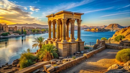 Obraz premium Trajan's Kiosk, Agilika Island, Aswan, Egypt: Ancient Ruins and Nile River Landscape