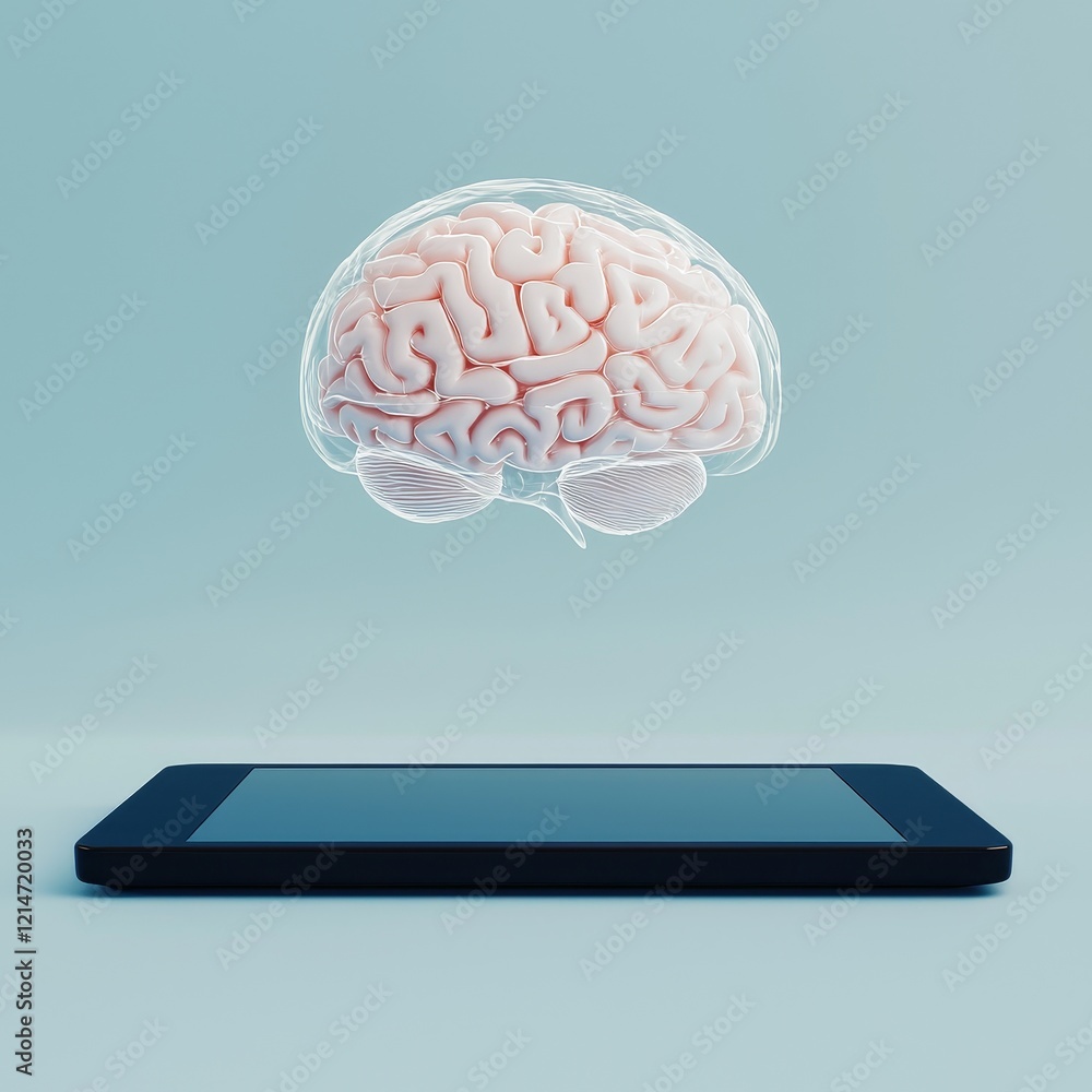 Aufkleber memory retrieval systems concept. floating brain above a smartphone on a blue background.
