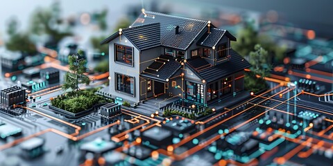 Obraz premium Technology Smart home with connected devices and digital icons Glowing house with symbolism