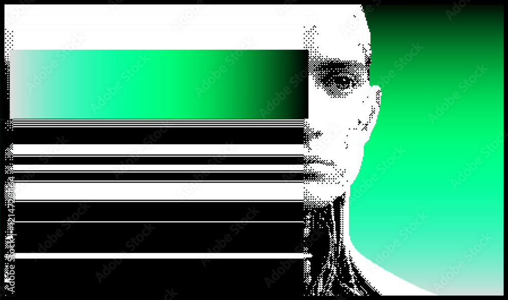 Poster glitched and decomposted pixelated human face on a green background. futuristic neo-brutalist vector