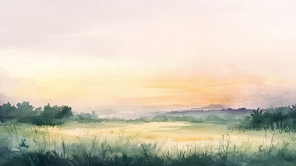 Fototapeta premium Peaceful meadow at sunset with soft, warm hues and a tranquil atmosphere.