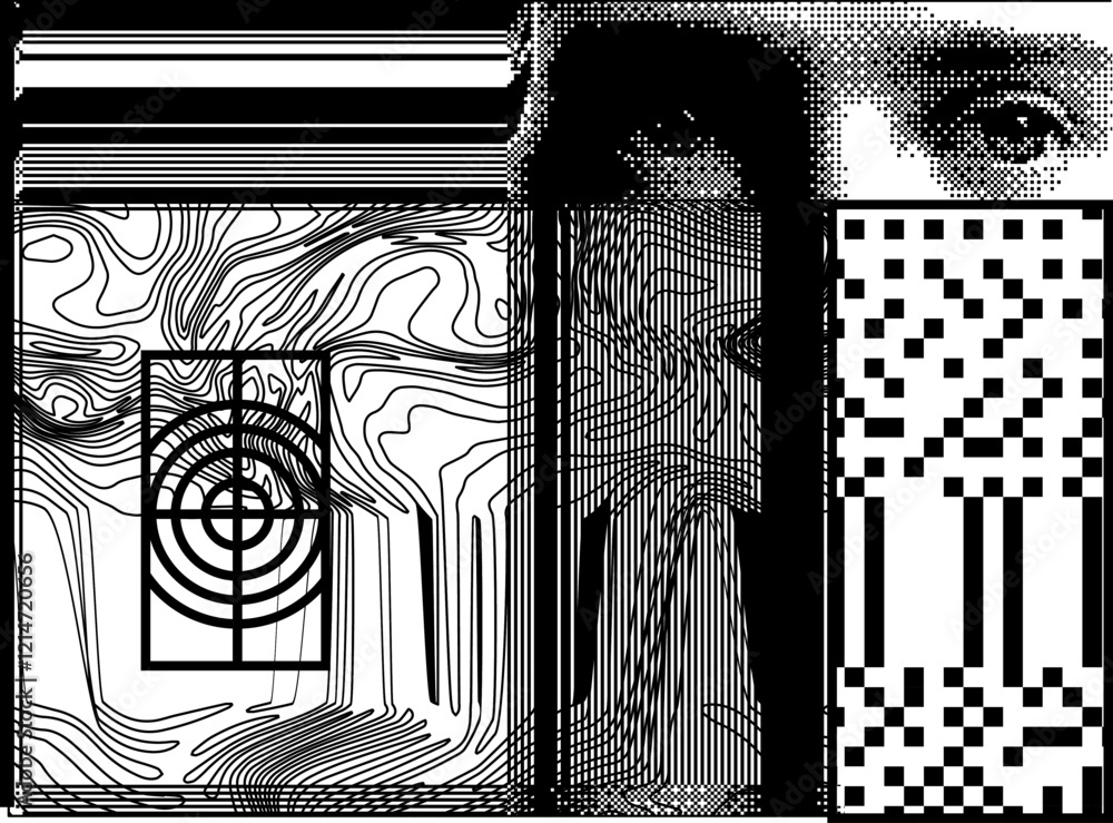 Aufkleber brutalism inspired vector graphics collage made with simple geometric shapes, grunge texture, and di