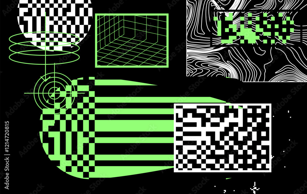 Aufkleber Geometric distress aesthetics in abstract pattern design. Brutalism inspired vector graphics collage made with simple geometric shapes and grunge texture, useful for poster art and digital prints.