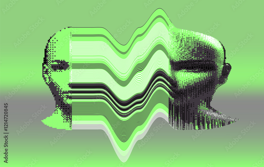 Poster glitched and decomposted pixelated human face on a green background. futuristic neo-brutalist vector