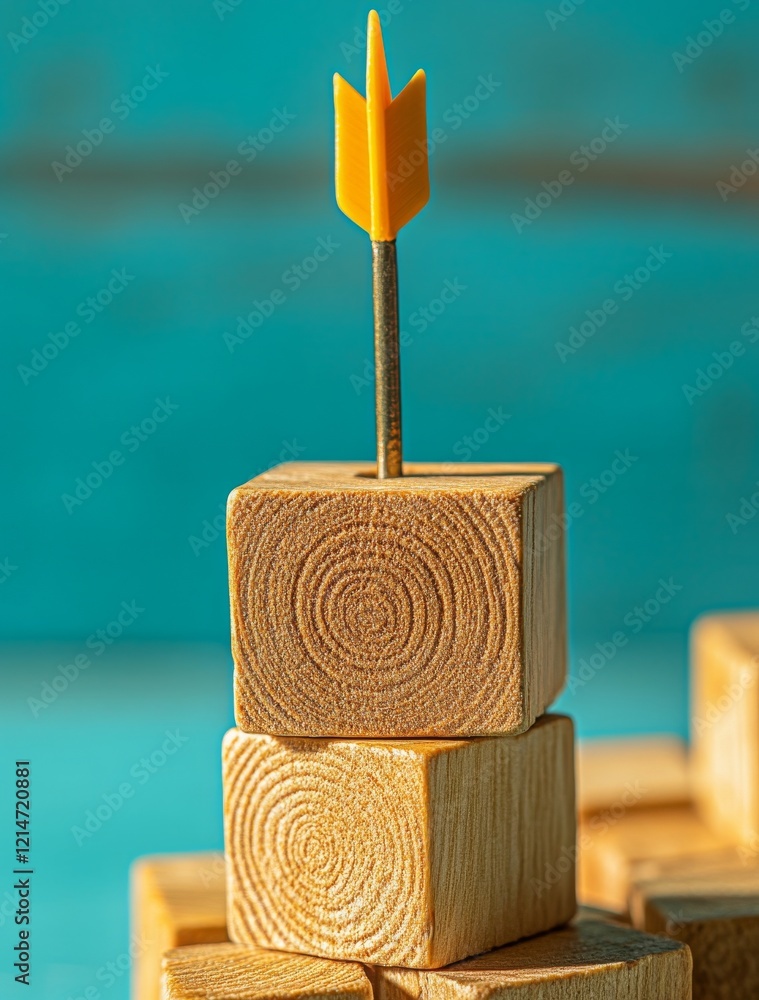 Poster a target icon placed atop wooden blocks with upward-pointing arrows, situated over a 3d bar graph ch
