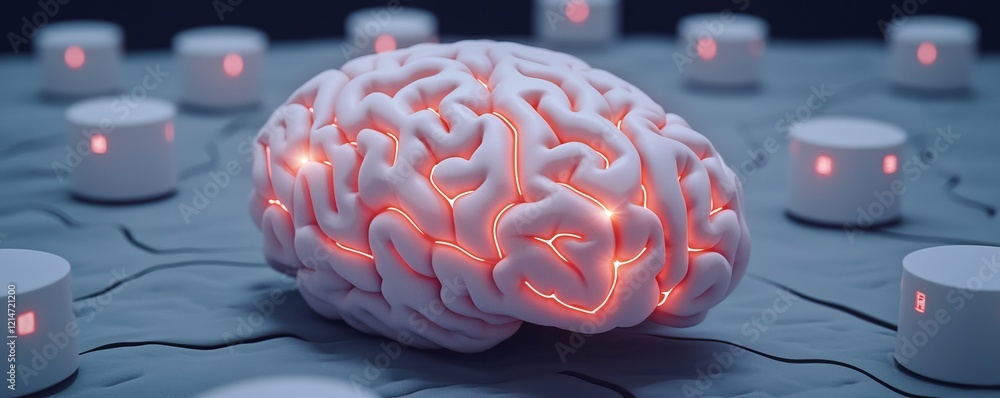 Poster interaction memory designs concept. futuristic brain with glowing pathways on a digital surface.