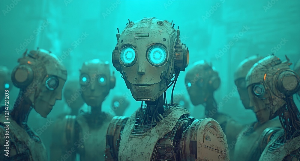Poster 3d rendering of leader human robot portraits with a robotics army, among an industrial group of cybo
