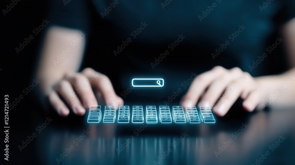 Poster futuristic hands typing on a glowing keyboard with a search bar overlay.