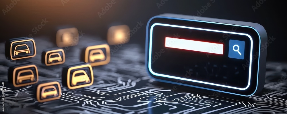 Aufkleber digital interface with car icons and search bar on a circuit board.