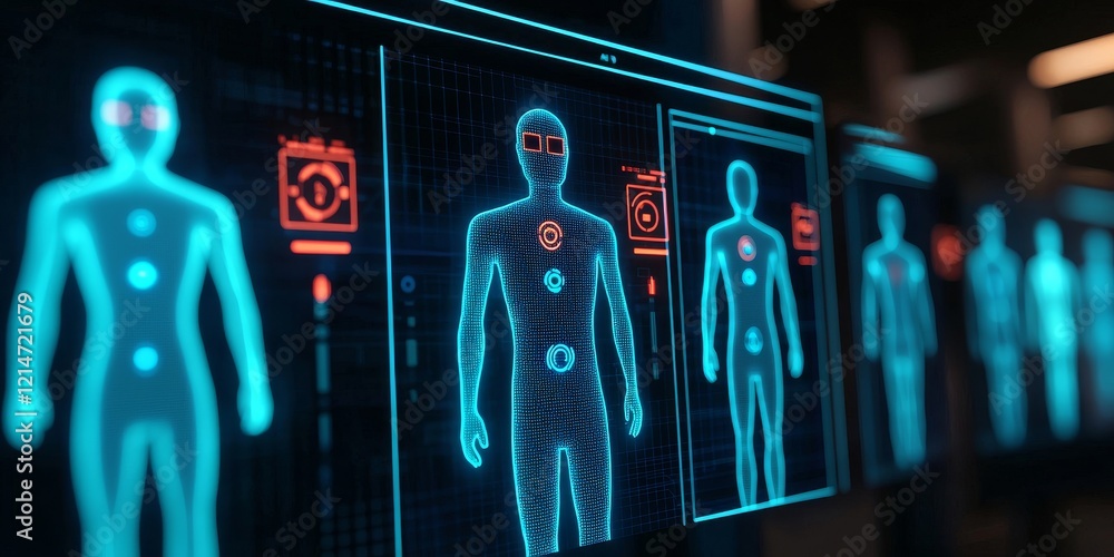 Poster vision agent systems concept. futuristic display of holographic human figures in a tech environment.
