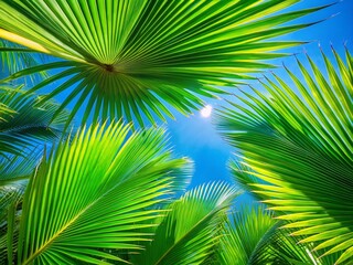 Tropical Palm Leaves Overhead, Vibrant Blue Sky Background - Summer Vacation Stock Photo