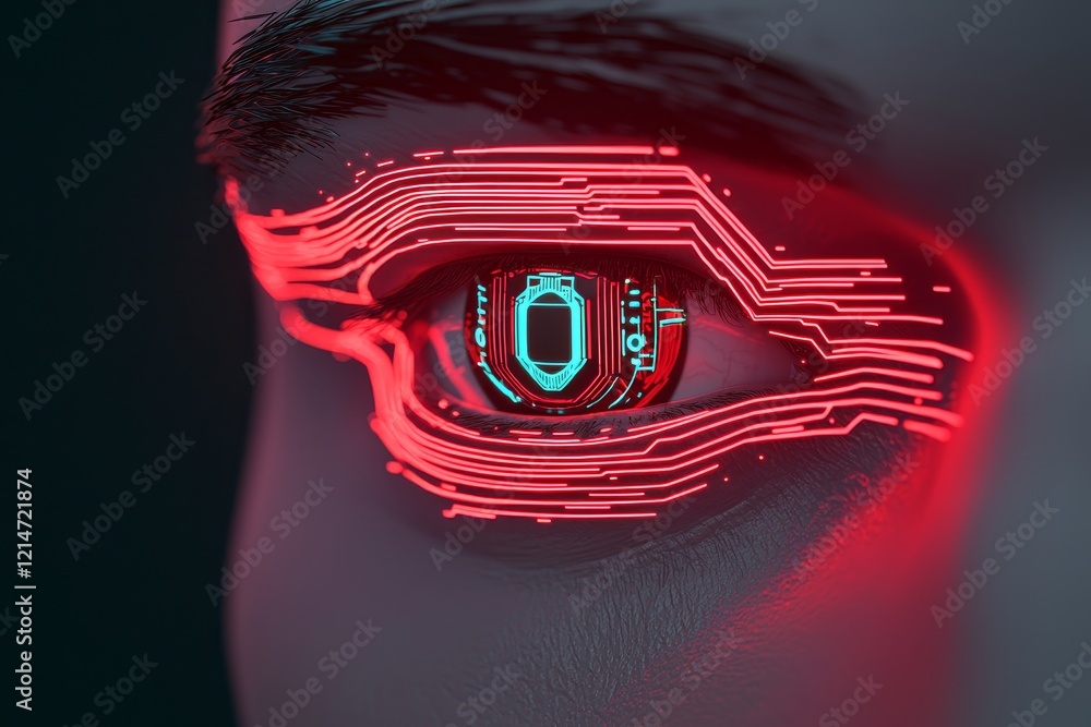 Poster vision agent systems concept. futuristic eye with red circuit patterns and digital elements.