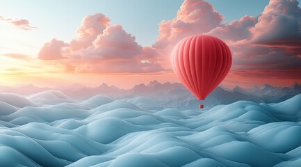 Obraz premium Red Hot Air Balloon Soaring Over Dreamlike Pastel Landscape at Sunset