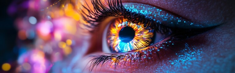 A close-up of a human eye with glowing neon floral patterns, symbolizing the future of vision and technology. Perfect for tech innovation, cyberpunk themes, and digital art visuals.