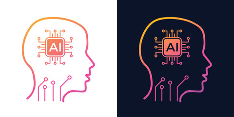 Artificial Intelligence AI Chip in Human Head. Artificial Intelligence icon with Machine learning, digital skills, generative AI, AI technology, algorithm, virtual intelligence and future