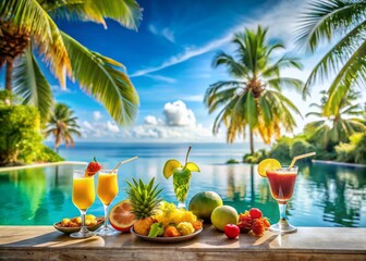 Obraz premium Tropical Summer Paradise: Refreshing Cocktails by Infinity Pool Overlooking Ocean